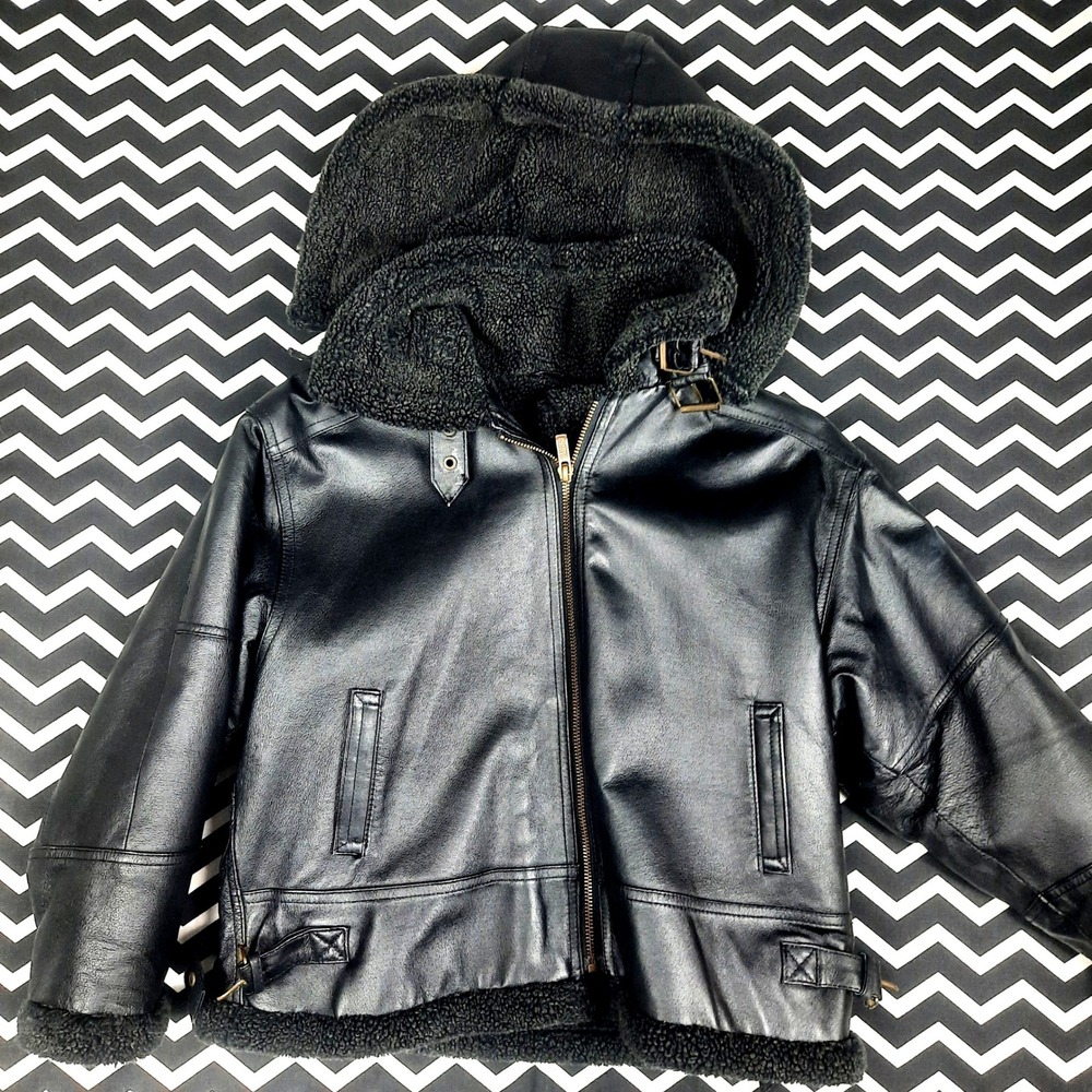 Leather Limited Kids Black Leather Bomber Jacket Faux Shearling Hooded girls M‎